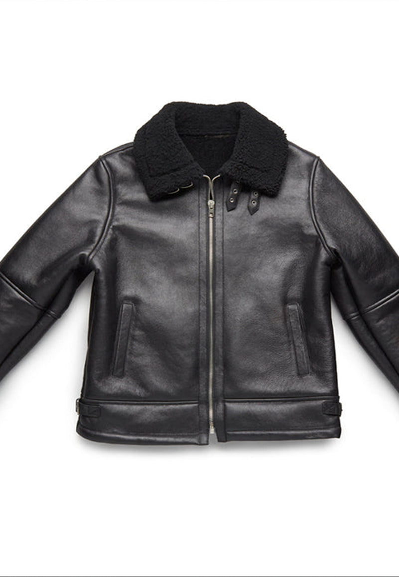 Men's Aviator Black Vintage Genuine Sheepskin Shearling Leather Jacket