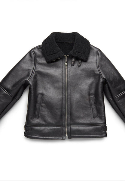 Men's Aviator Black Vintage Genuine Sheepskin Shearling Leather Jacket