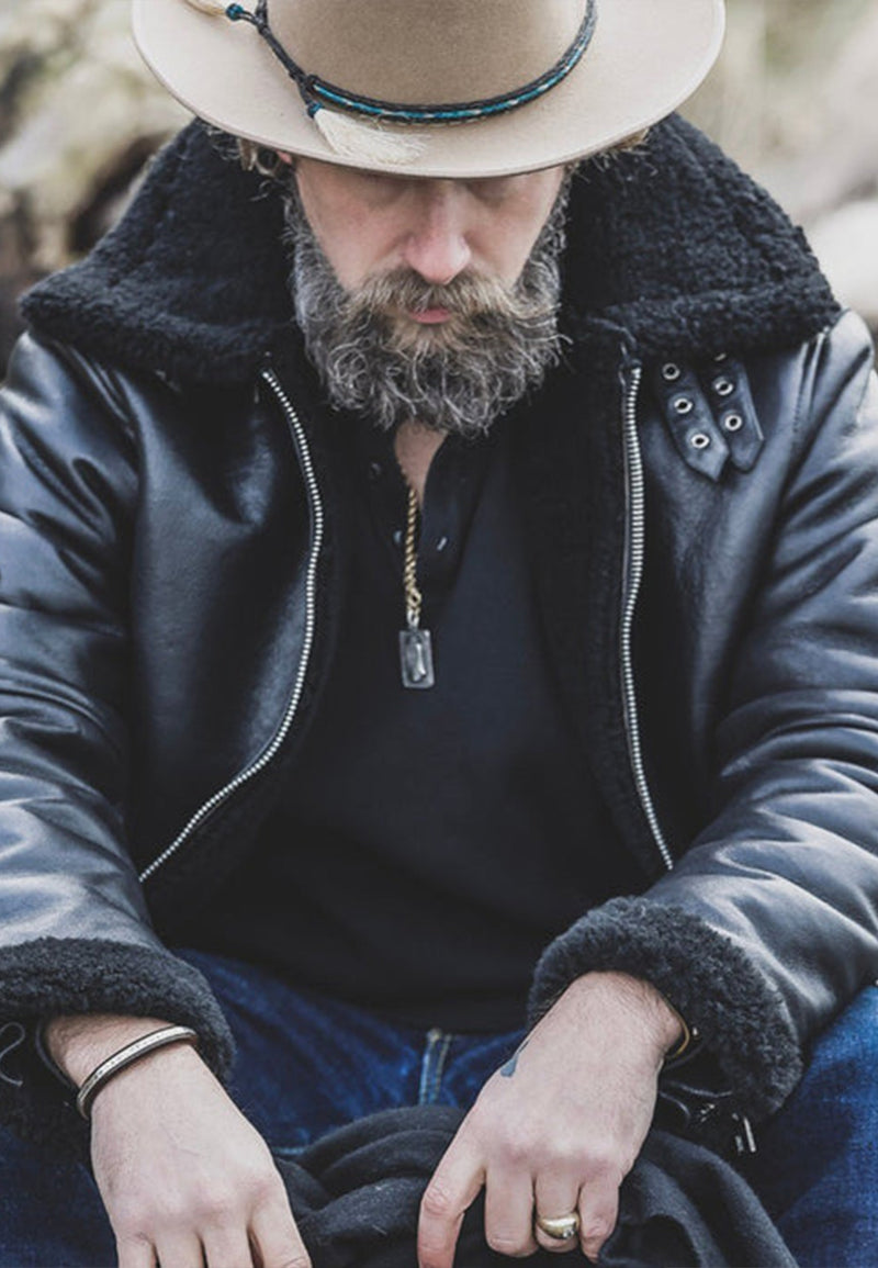 Men's Aviator Black Vintage Genuine Sheepskin Shearling Leather Jacket