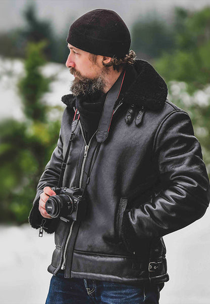 Men's Aviator Black Vintage Genuine Sheepskin Shearling Leather Jacket