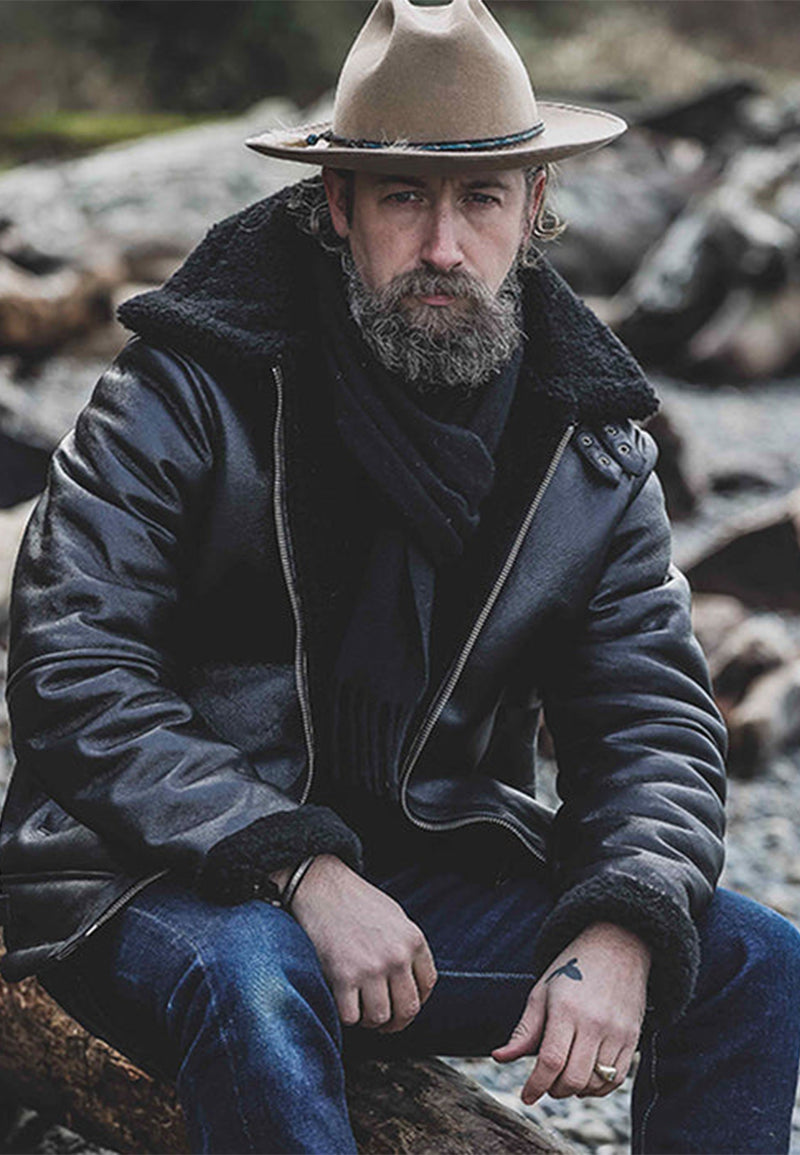 Men's Aviator Black Vintage Genuine Sheepskin Shearling Leather Jacket