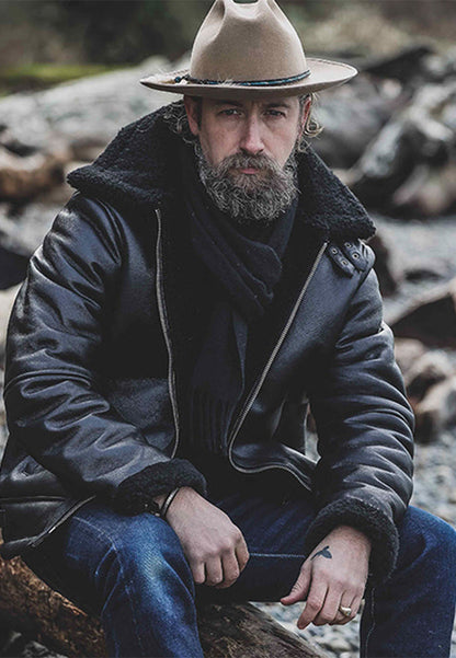 Men's Aviator Black Vintage Genuine Sheepskin Shearling Leather Jacket