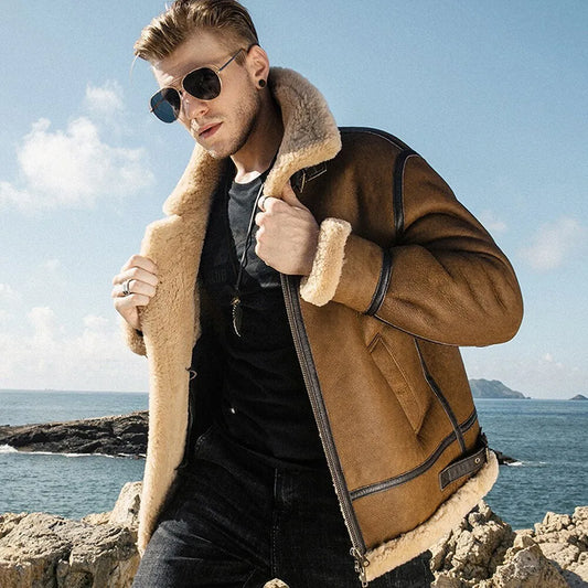 Mens 90s Vintage Genuine Sheepskin Leather Shearling B3 Bomber Brown Jacket