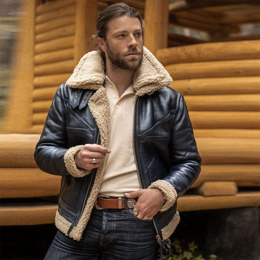 Mens Black Genuine Sheepskin Shearling B3 Bomber Vintage Leather Jacket