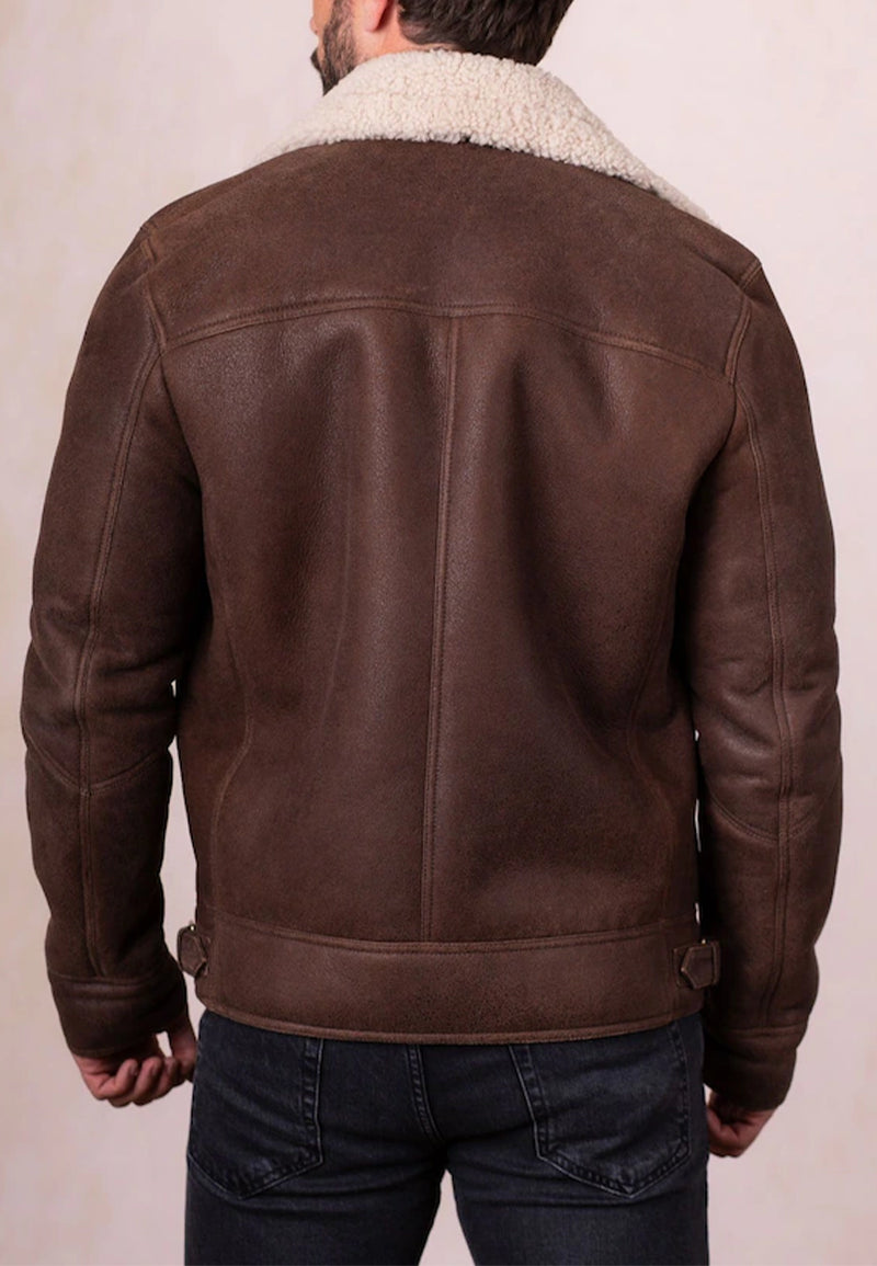 Brown shearling leather jacket men with white fur lining on a plain background