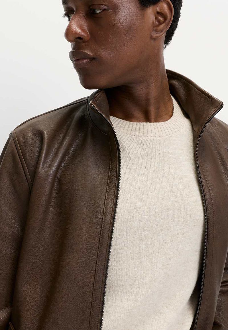 Mens Brown Bomber Genuine Sheepskin Leather Jacket