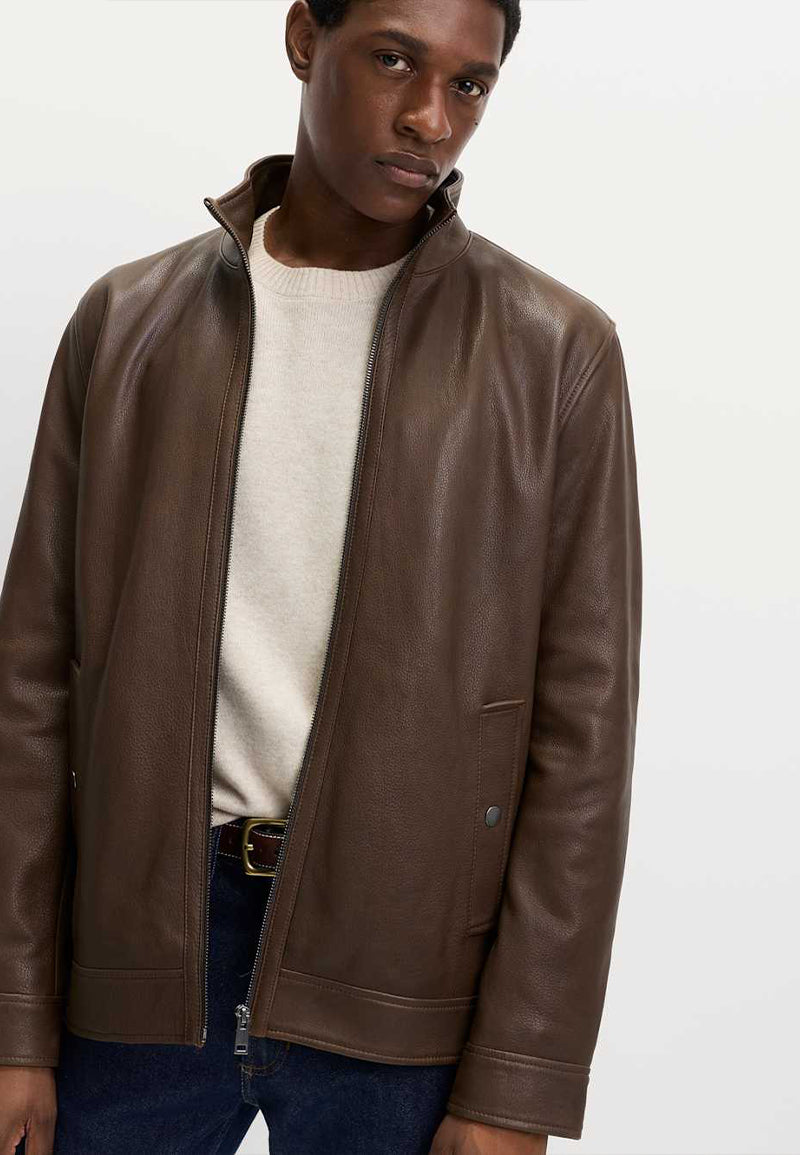 Mens Brown Bomber Genuine Sheepskin Leather Jacket