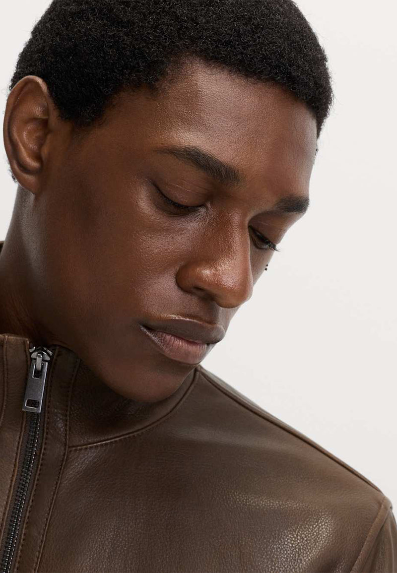 Mens Brown Bomber Genuine Sheepskin Leather Jacket