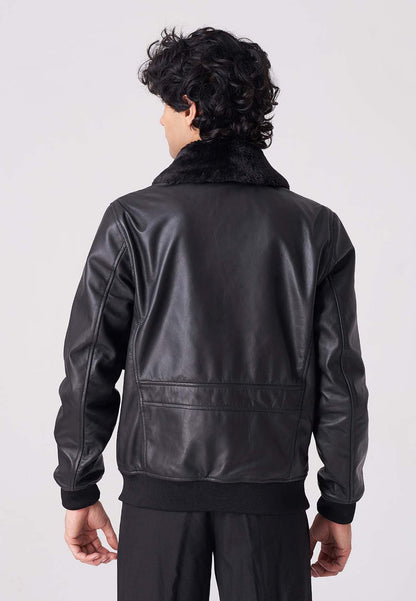 Mens Vintage Black Sheepskin Leather Bomber Jacket