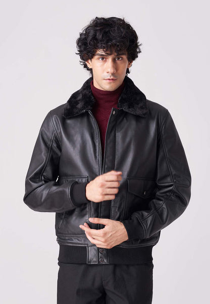 Mens Vintage Black Sheepskin Leather Bomber Jacket