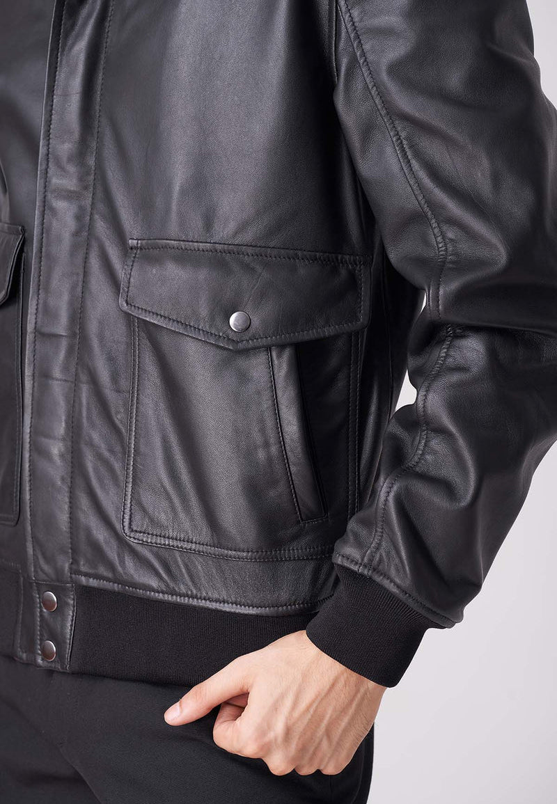 Mens Vintage Black Sheepskin Leather Bomber Jacket