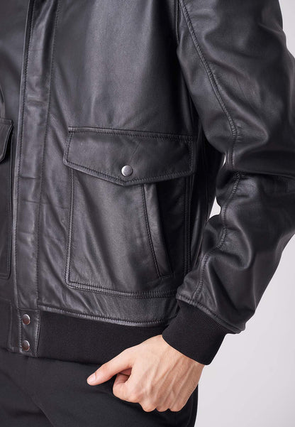 Mens Vintage Black Sheepskin Leather Bomber Jacket