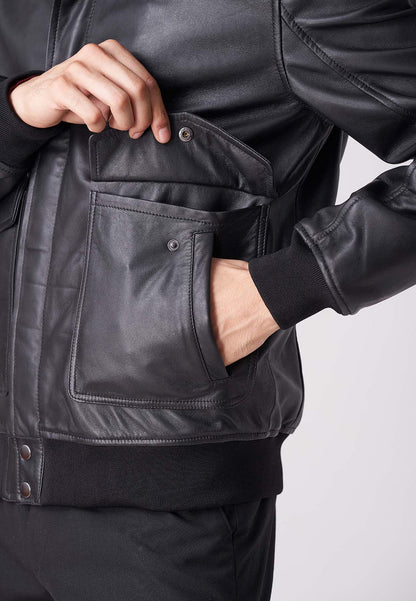 Mens Vintage Black Sheepskin Leather Bomber Jacket