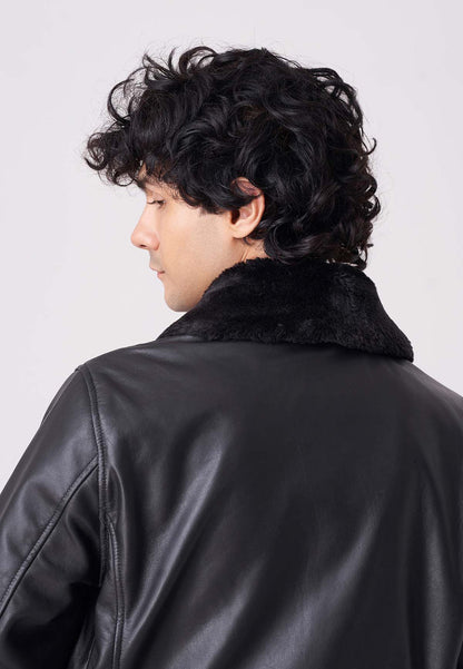 Mens Vintage Black Sheepskin Leather Bomber Jacket