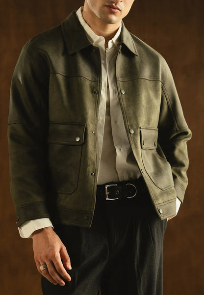 Mens Green Aviator Sheepskin Leather Bomber Jacket