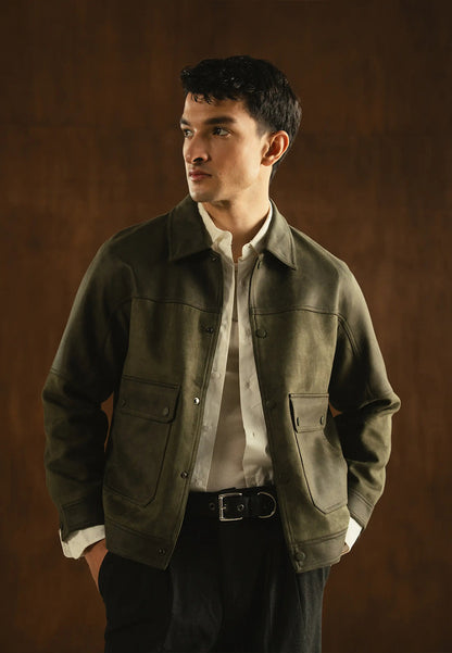 Mens Green Aviator Sheepskin Leather Bomber Jacket