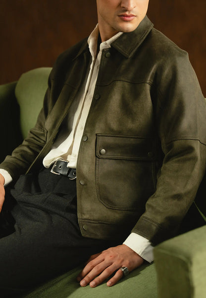 Mens Green Aviator Sheepskin Leather Bomber Jacket