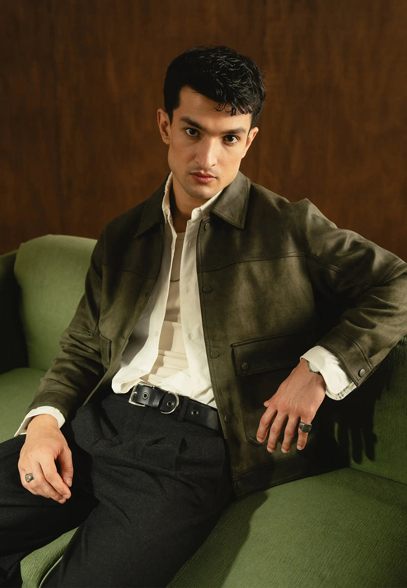 Mens Green Aviator Sheepskin Leather Bomber Jacket