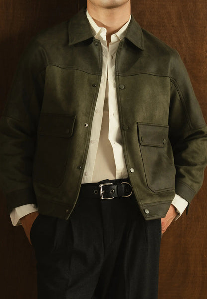Mens Green Aviator Sheepskin Leather Bomber Jacket