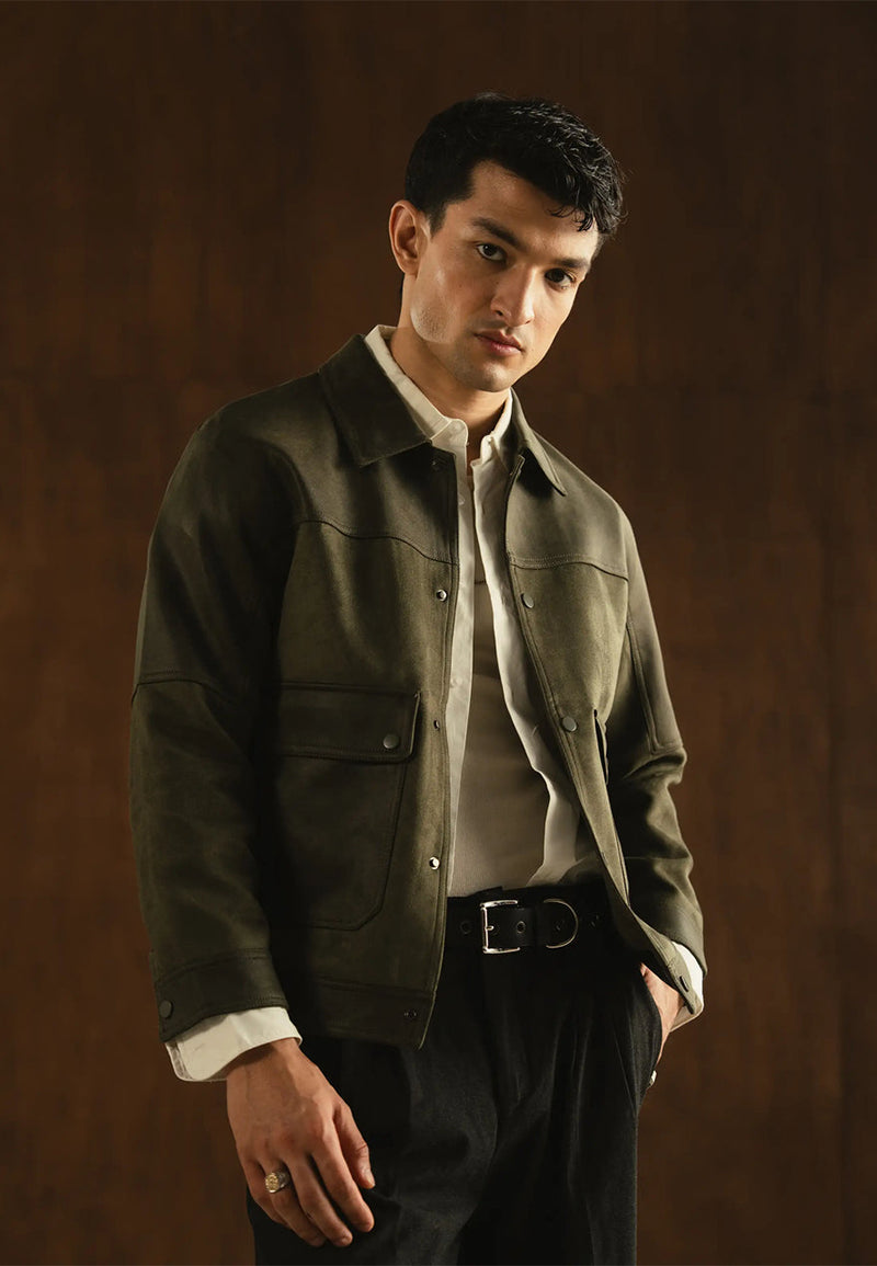 Mens Green Aviator Sheepskin Leather Bomber Jacket