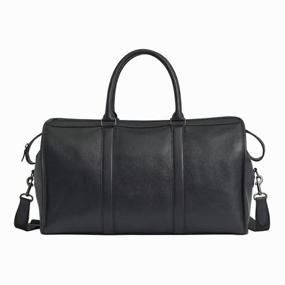 Black leather duffel bag  for travel and gym on a light background