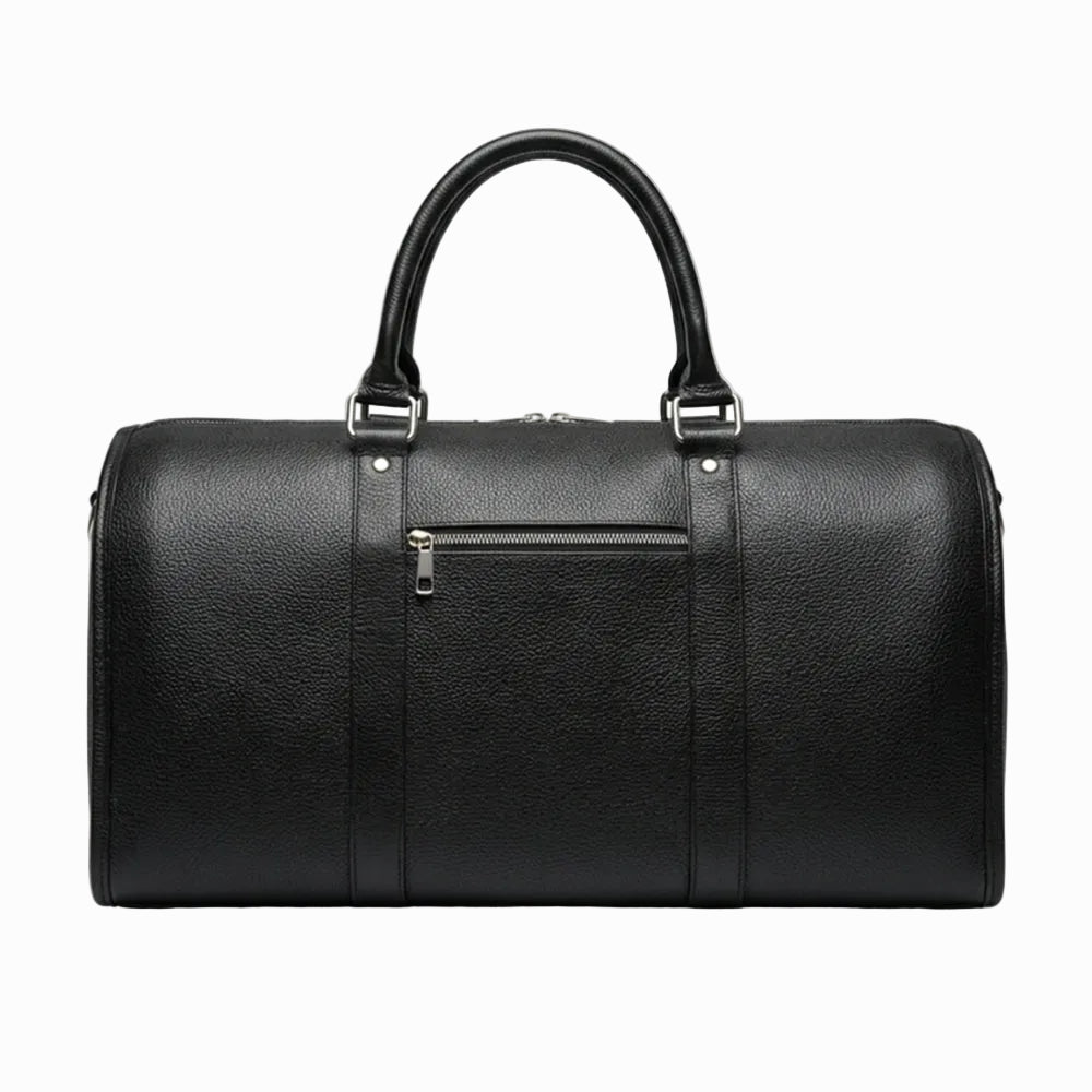 vintage Black leather duffel bag on a light color background