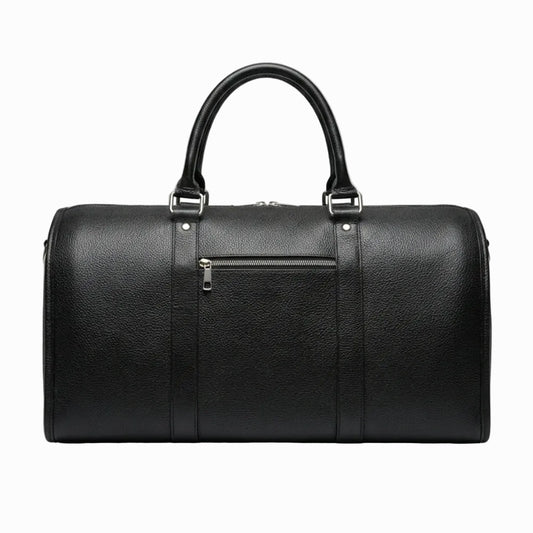 vintage Black leather duffel bag on a light color background