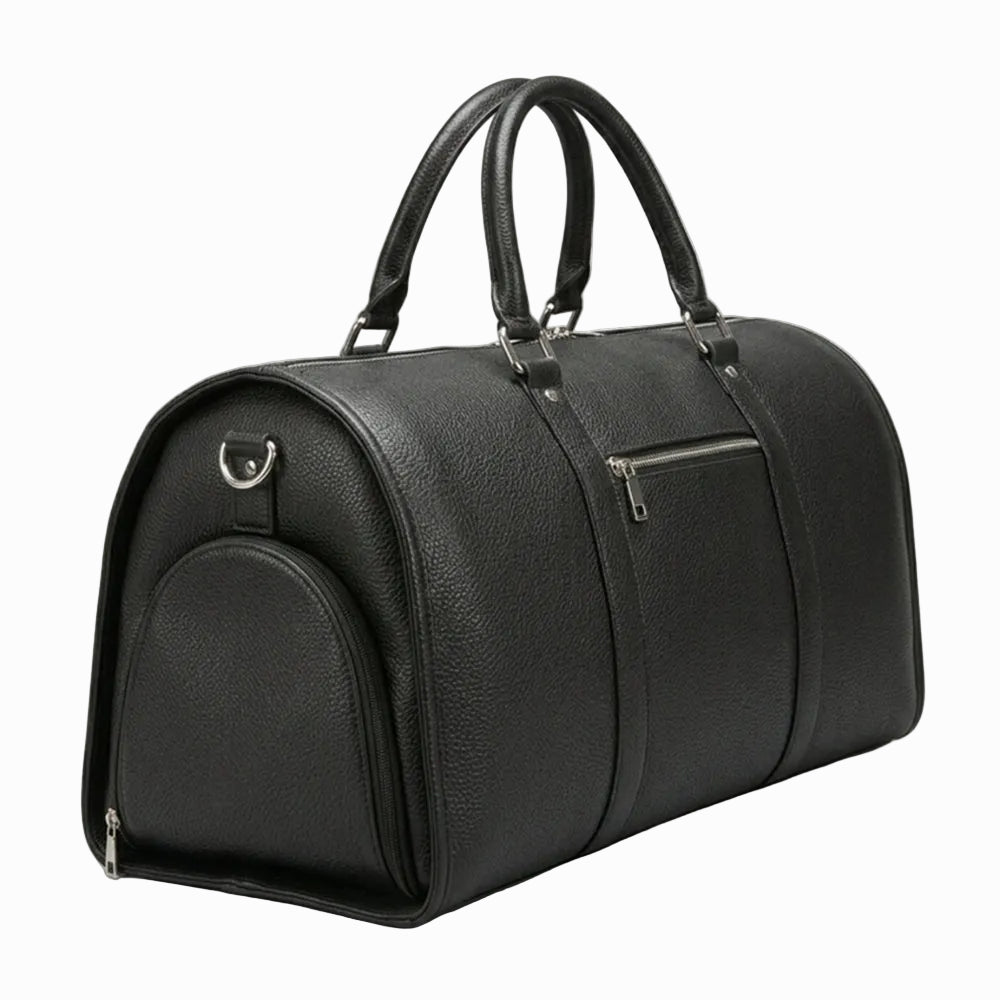 Black leather duffel bag on a light background