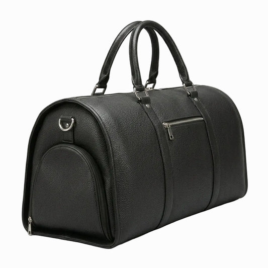 Black leather duffel bag on a light background