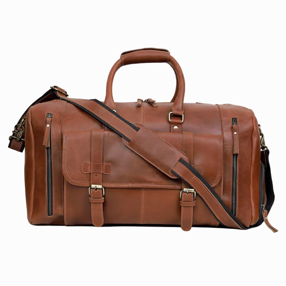 Vintage Brown Leather Travel Duffle Bag with a shoulder strap on a white background