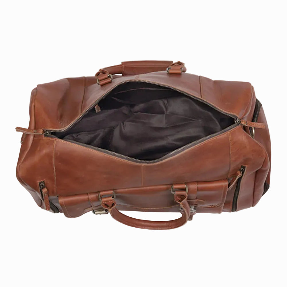 Vintage Brown Genuine Leather Travel Duffle Bag on a white background