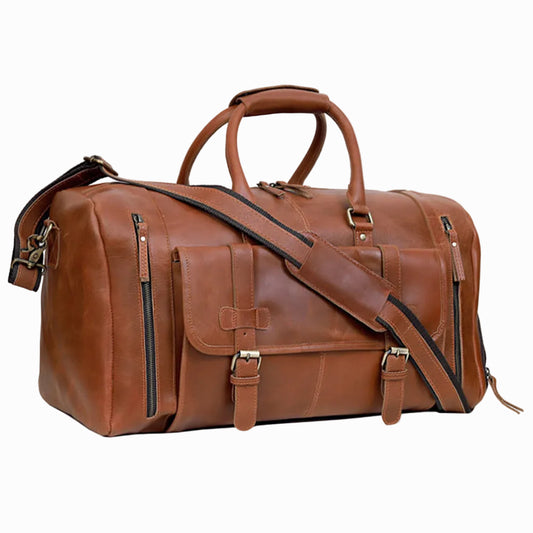 Vintage Brown Genuine Leather Travel Duffle Bag with a shoulder strap on a white background