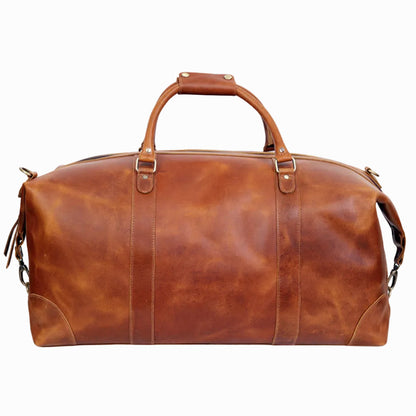 Brown leather duffel bag on a white background