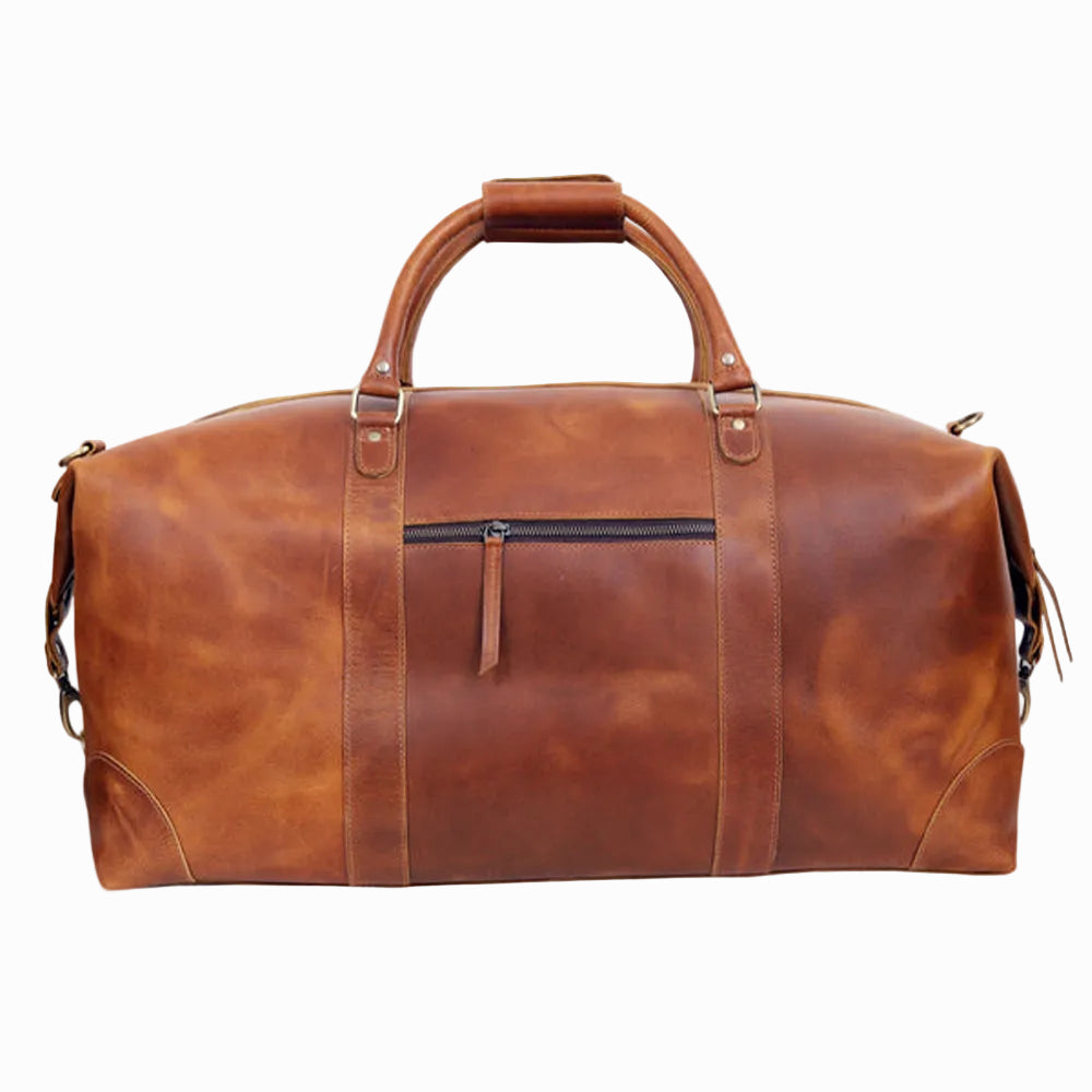 Brown leather vintage duffel bag on a white background