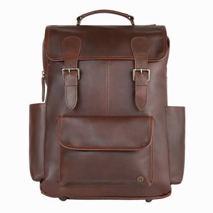 Brown sheepskin leather backpack with multiple pockets on a white background