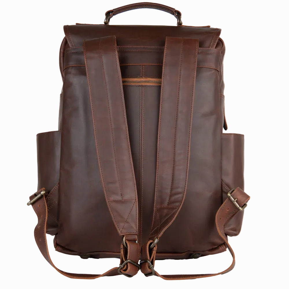 handmade Brown sheepskin leather backpack on a white background