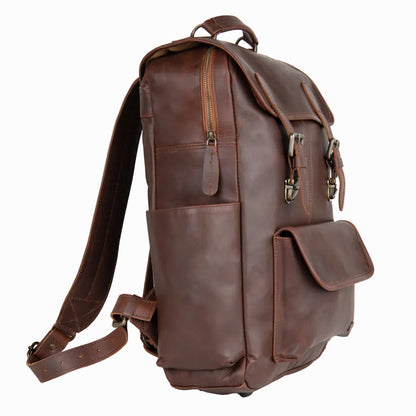 Brown sheepskin leather backpack on a white background