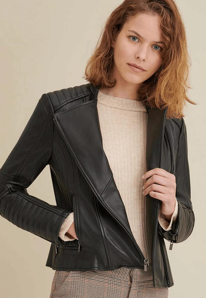 Women's Black Motorcycle Lambskin Leather Biker Jacket