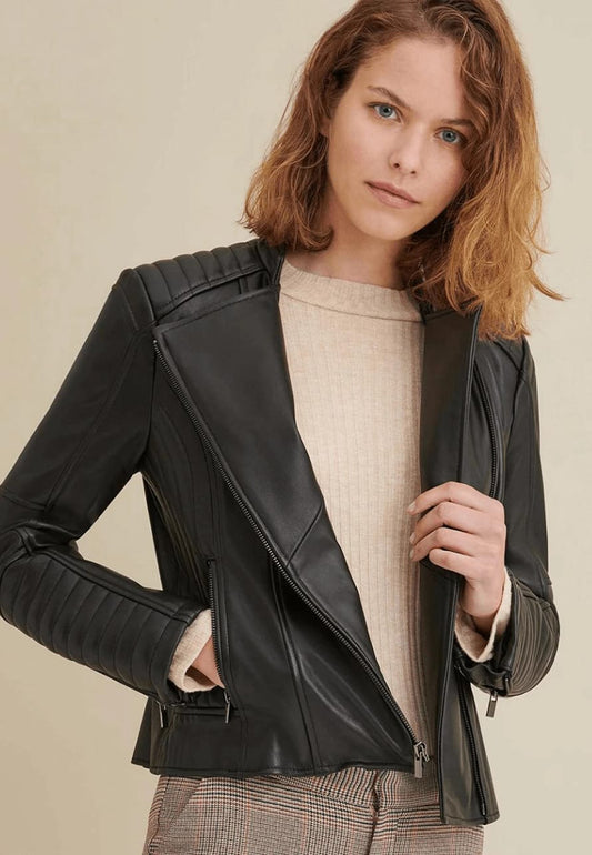 Women's Black Motorcycle Lambskin Leather Biker Jacket