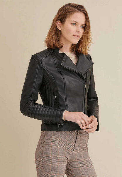 Women's Black Motorcycle Lambskin Leather Biker Jacket