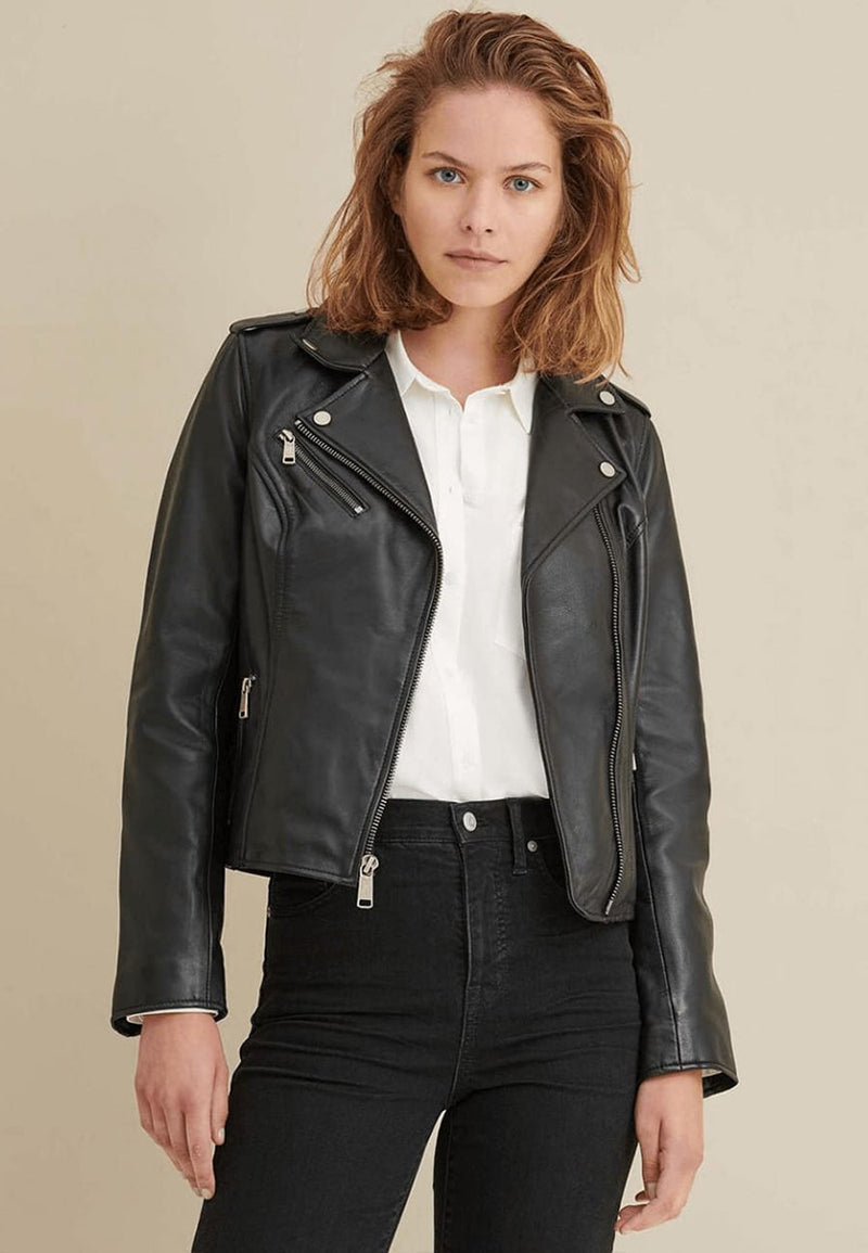 Womens Black Genuine Sheepskin Leather Biker Jacket