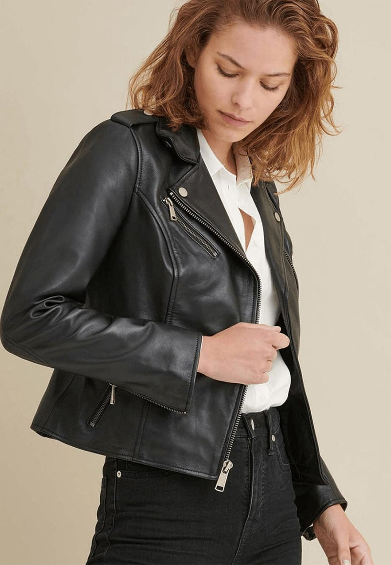 Womens Black Genuine Sheepskin Leather Biker Jacket