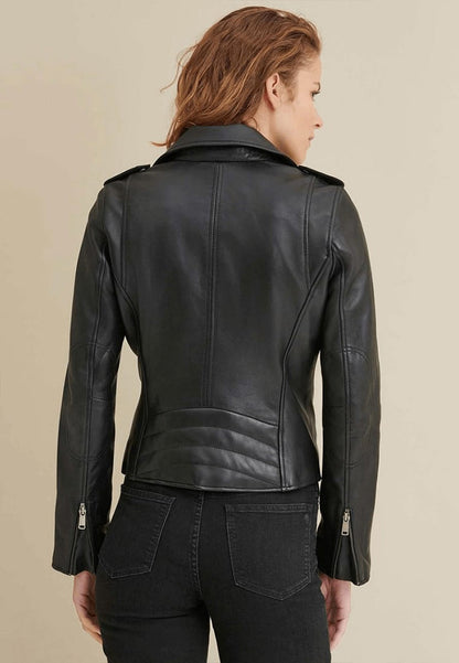 Womens Black Genuine Sheepskin Leather Biker Jacket