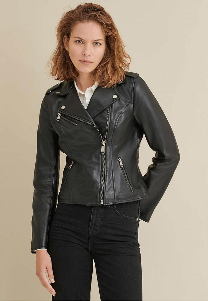 Womens Black Genuine Sheepskin Leather Biker Jacket