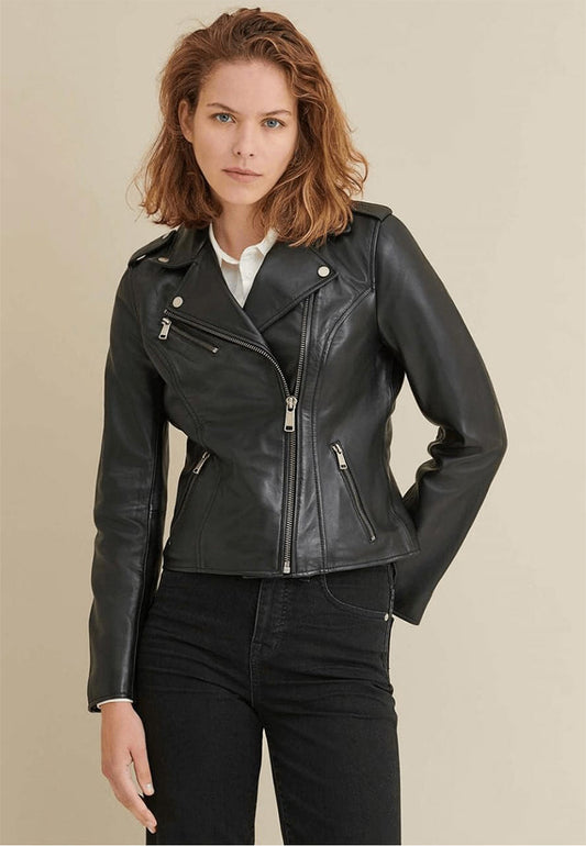 Womens Black Genuine Sheepskin Leather Biker Jacket