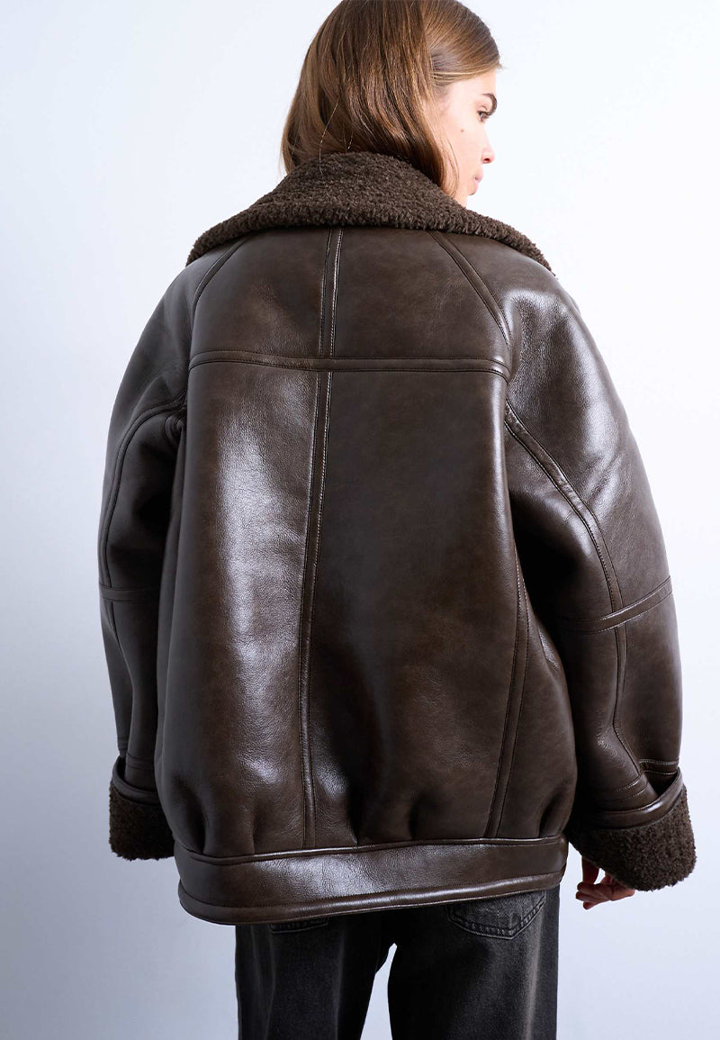Womens Brown Oversized Sheepskin Shearling Leather Aviator Bomber Jacket