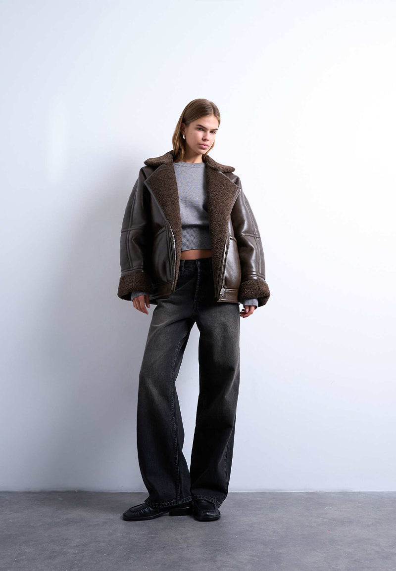 Womens Brown Oversized Sheepskin Shearling Leather Aviator Bomber Jacket