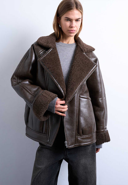 Womens Brown Oversized Sheepskin Shearling Leather Aviator Bomber Jacket