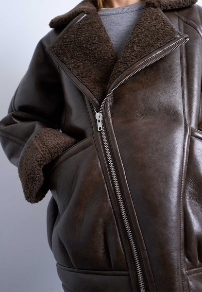 Womens Brown Oversized Sheepskin Shearling Leather Aviator Bomber Jacket