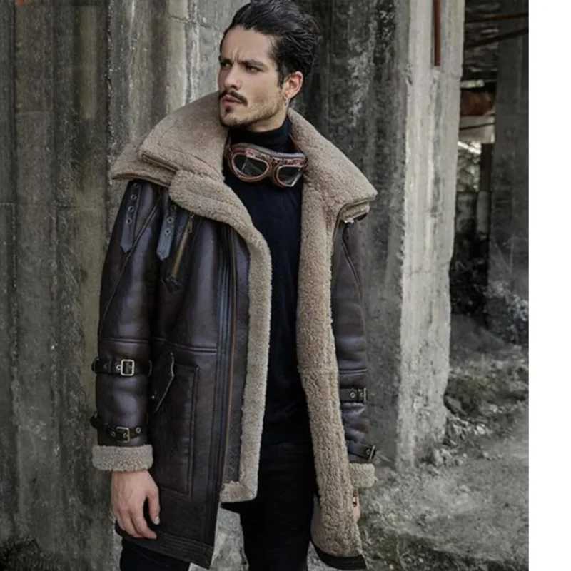 mens leather shearling long coat-shearling collar coat-brown leather shearling long coat-sheepskin aviator coat-shearling aviator fur long coat-shearling leather fur coat-men's faux shearling long coat-men's real shearling coat-mens sheepskin coat